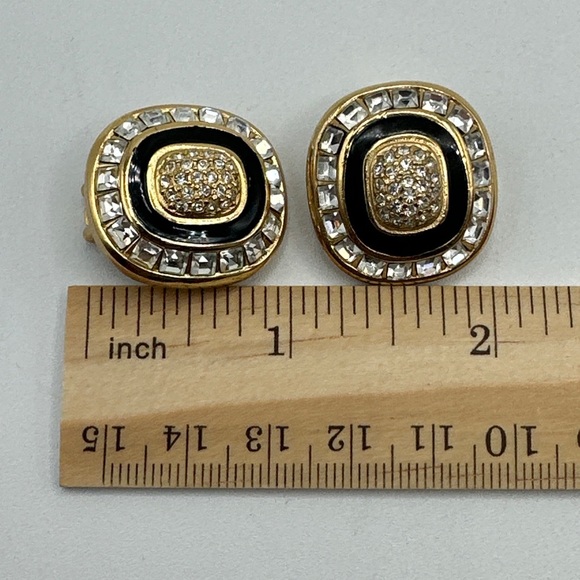 Vintage CHRISTIAN DIOR Black Enamel And Pave Rhinestone Earrings Clip On #542 - Picture 4 of 5